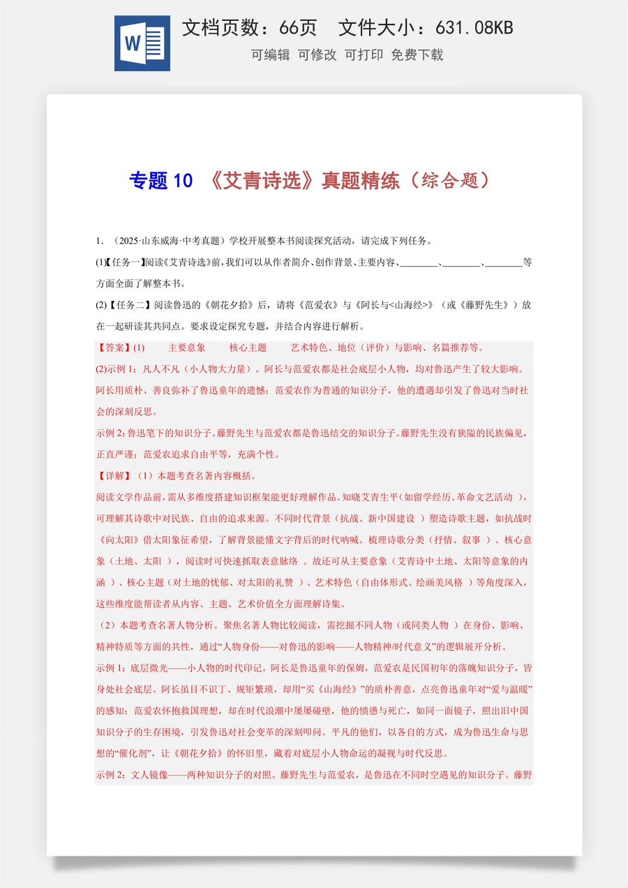初中-语文-中考语文-名著阅读-专题10 《艾青诗选》真题精练（综合题）（解析版）.docx